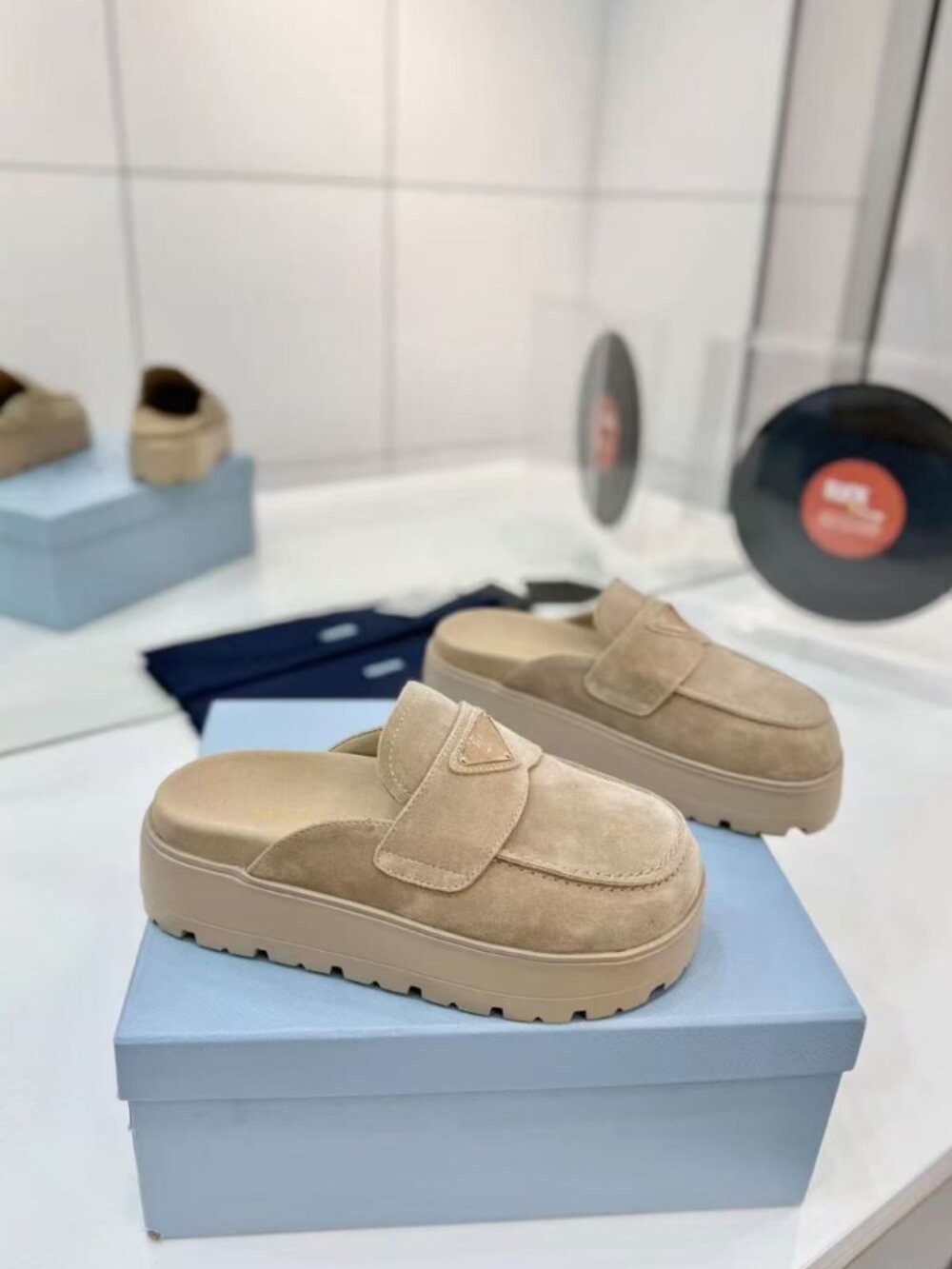 Prada Beige Suede Chunky Lug‑Sole Backless Mule Clogs